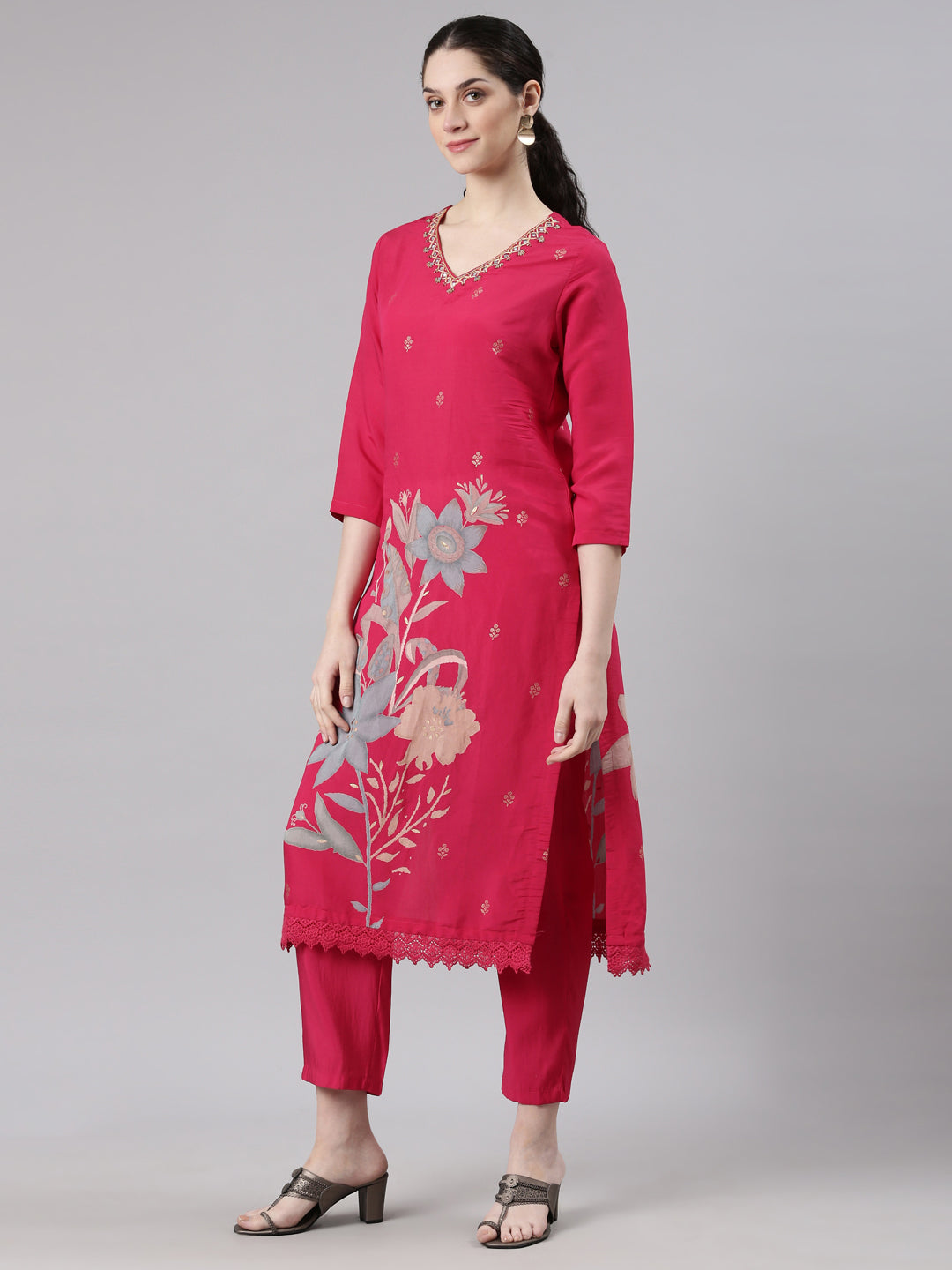 Neerus Pink Straight Casual Floral Kurta and Trouser with Dupatta