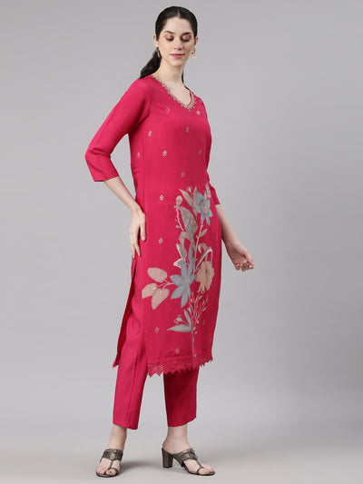 Neerus Pink Straight Casual Floral Kurta and Trouser with Dupatta