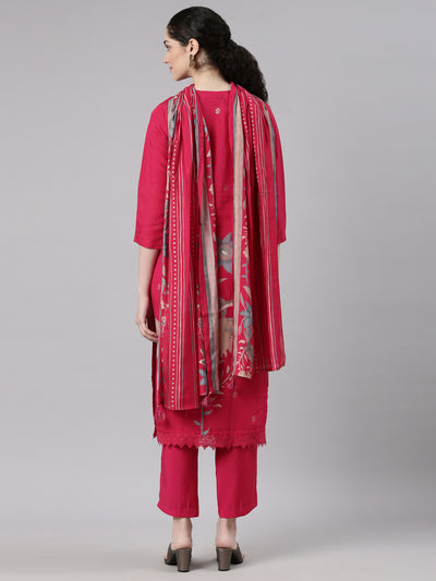 Neerus Pink Straight Casual Floral Kurta and Trouser with Dupatta