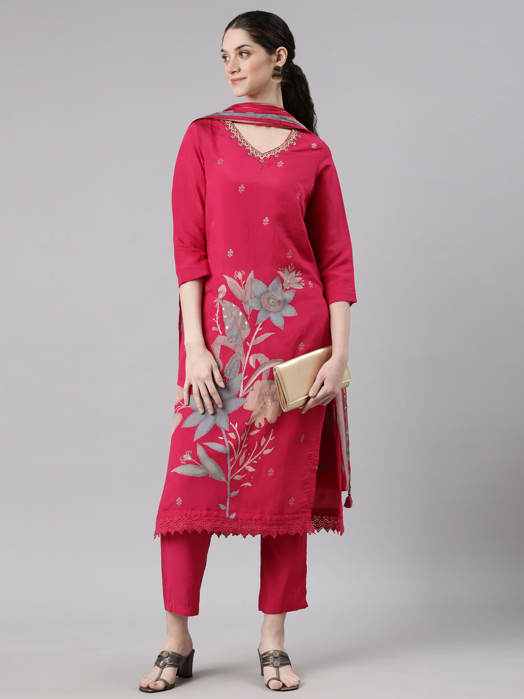 Neerus Pink Straight Casual Floral Kurta and Trouser with Dupatta