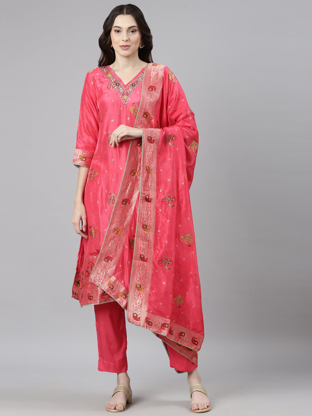 Neerus Red Casual Paisley Straight Kurta and Trousers With Dupatta