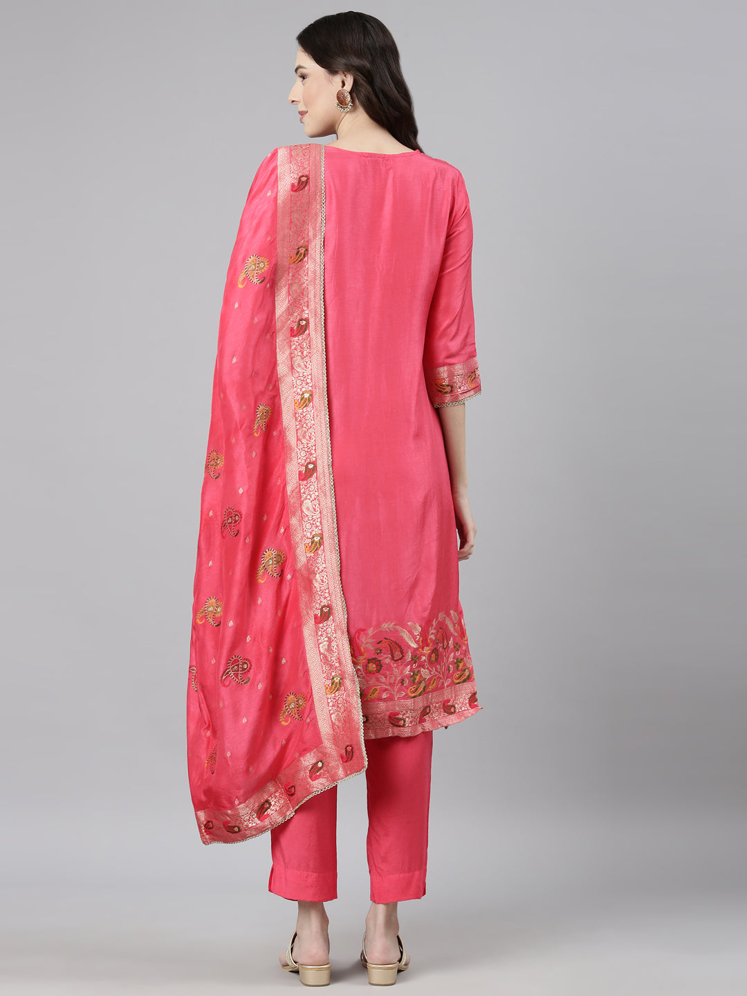 Neerus Red Casual Paisley Straight Kurta and Trousers With Dupatta