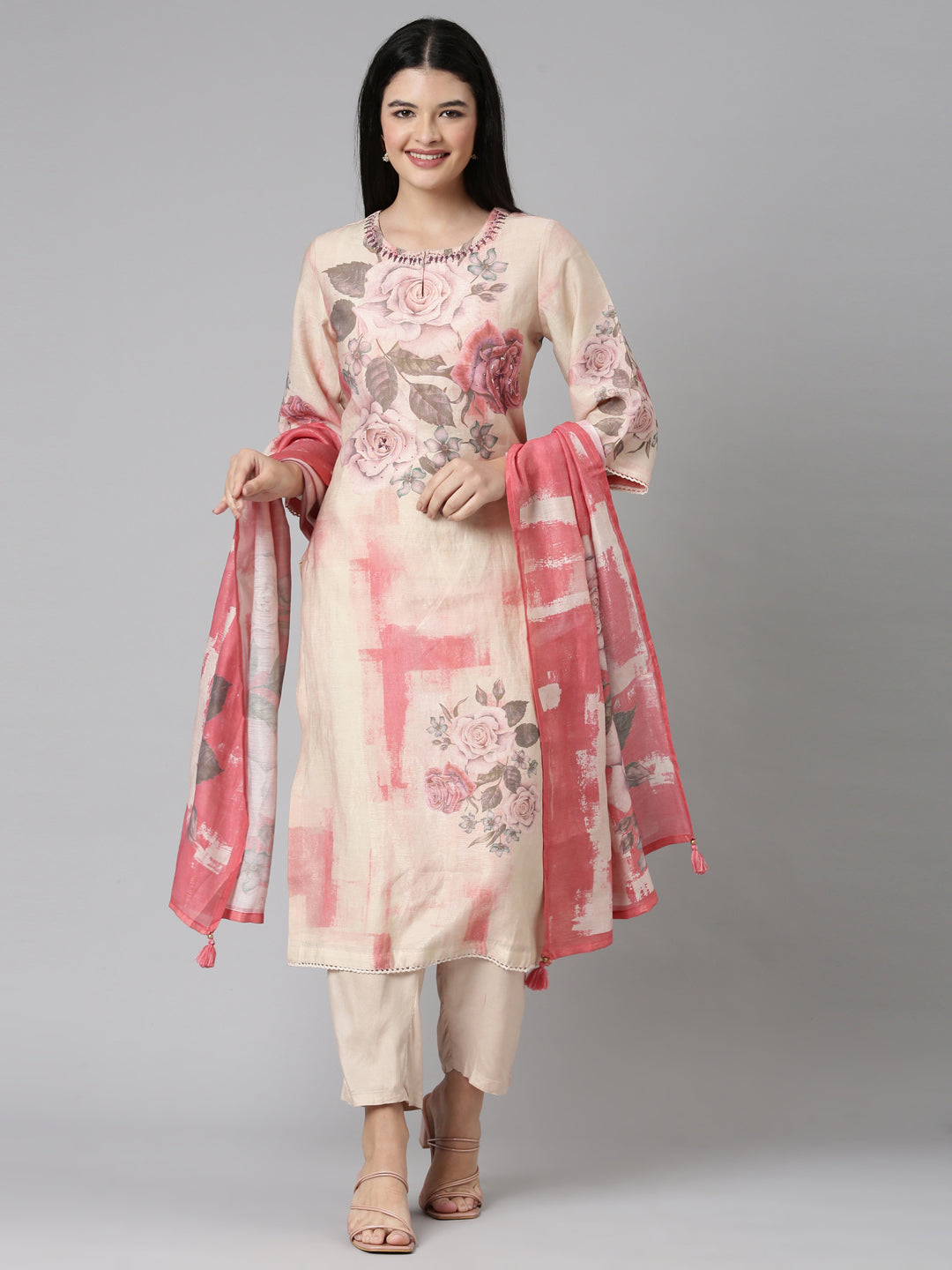 Neerus Pink Casual Floral Straight Kurta and Trousers With Dupatta