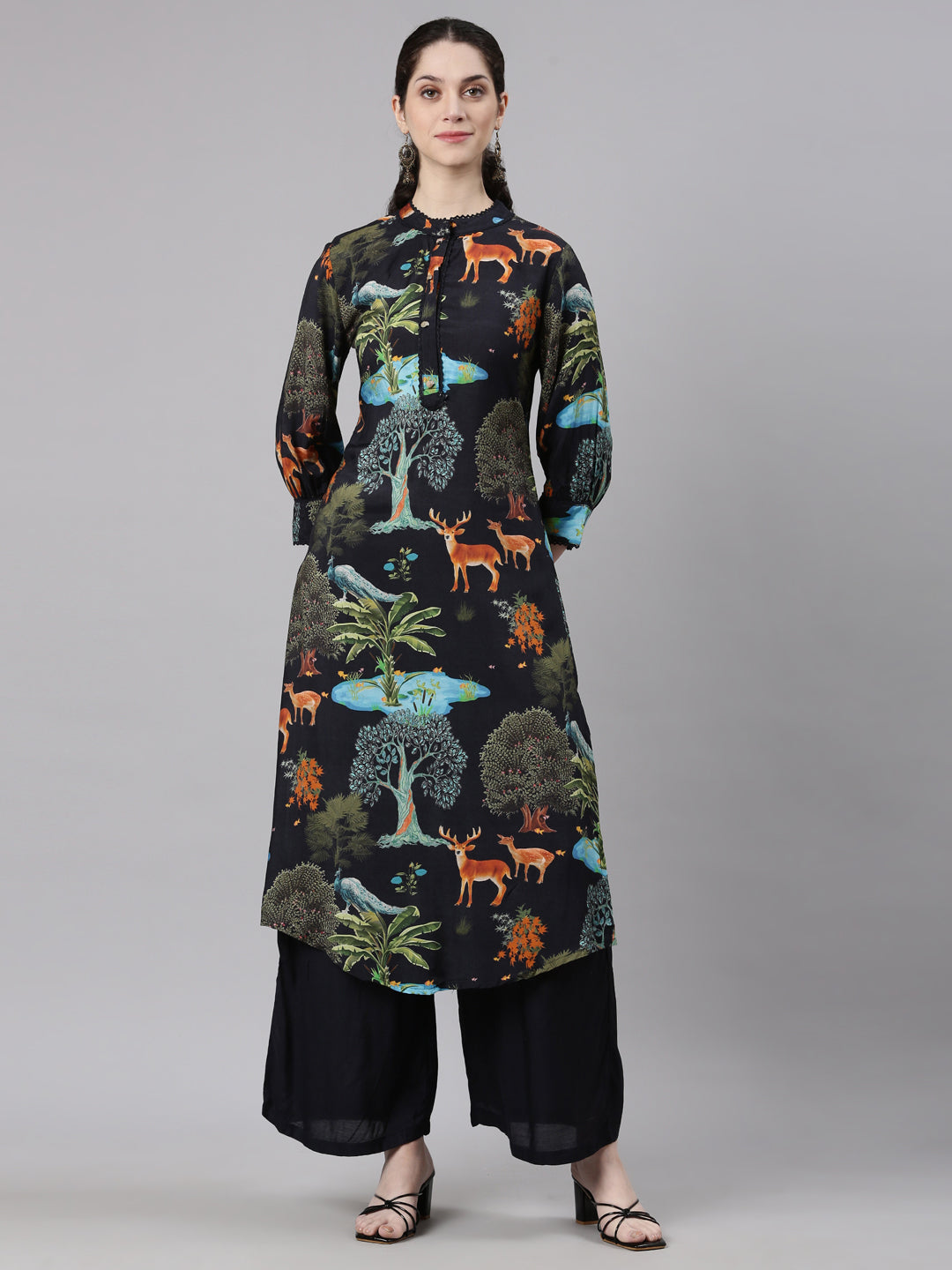 Neerus Black Straight Casual Animal Kurta and Plazzo