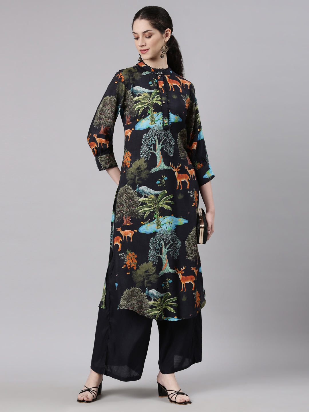 Neerus Black Straight Casual Animal Kurta and Plazzo