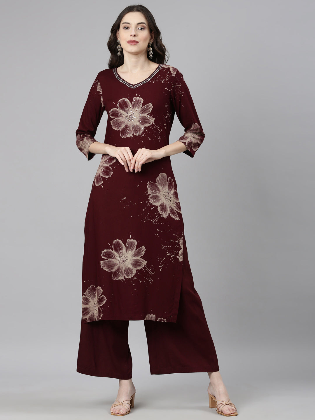 Neerus Maroon Casual Floral Straight Kurta and Palazzos