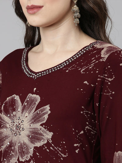 Neerus Maroon Casual Floral Straight Kurta and Palazzos