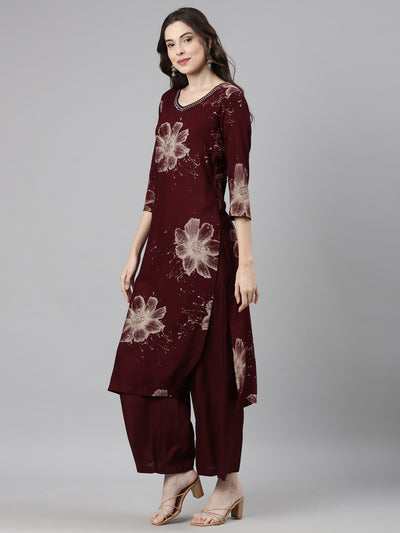 Neerus Maroon Casual Floral Straight Kurta and Palazzos