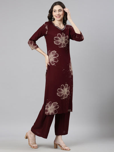 Neerus Maroon Casual Floral Straight Kurta and Palazzos