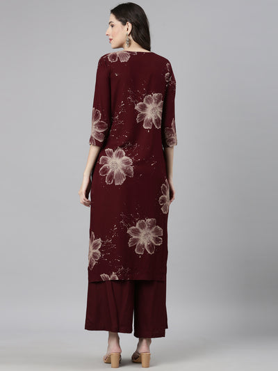 Neerus Maroon Casual Floral Straight Kurta and Palazzos