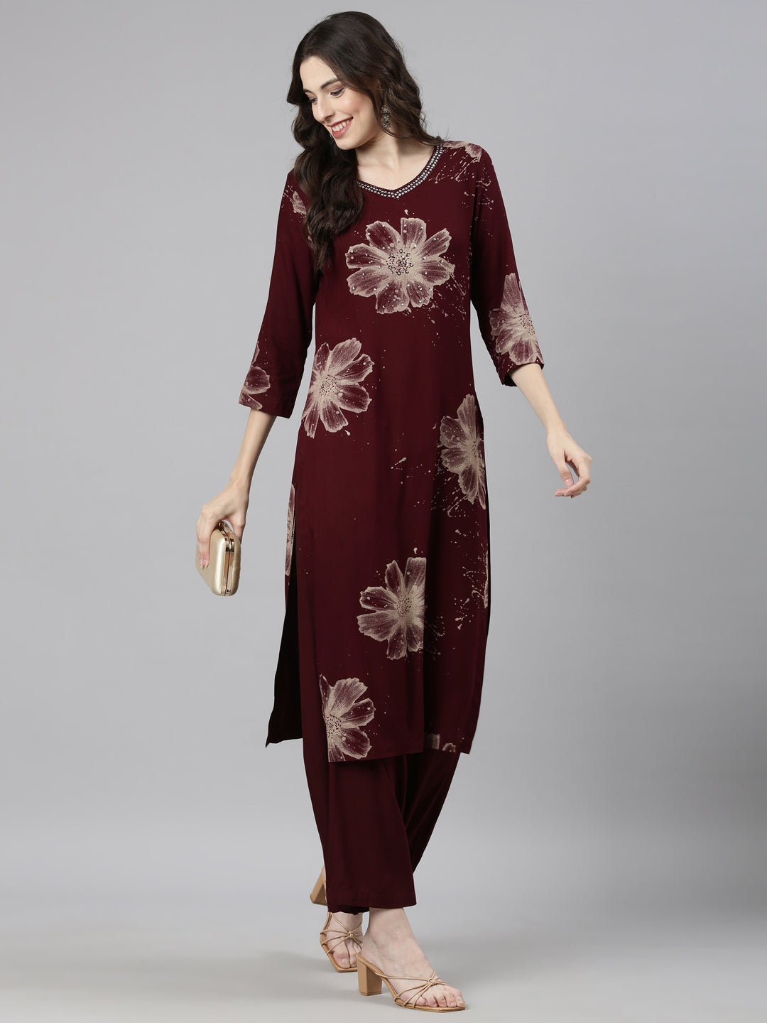 Neerus Maroon Casual Floral Straight Kurta and Palazzos