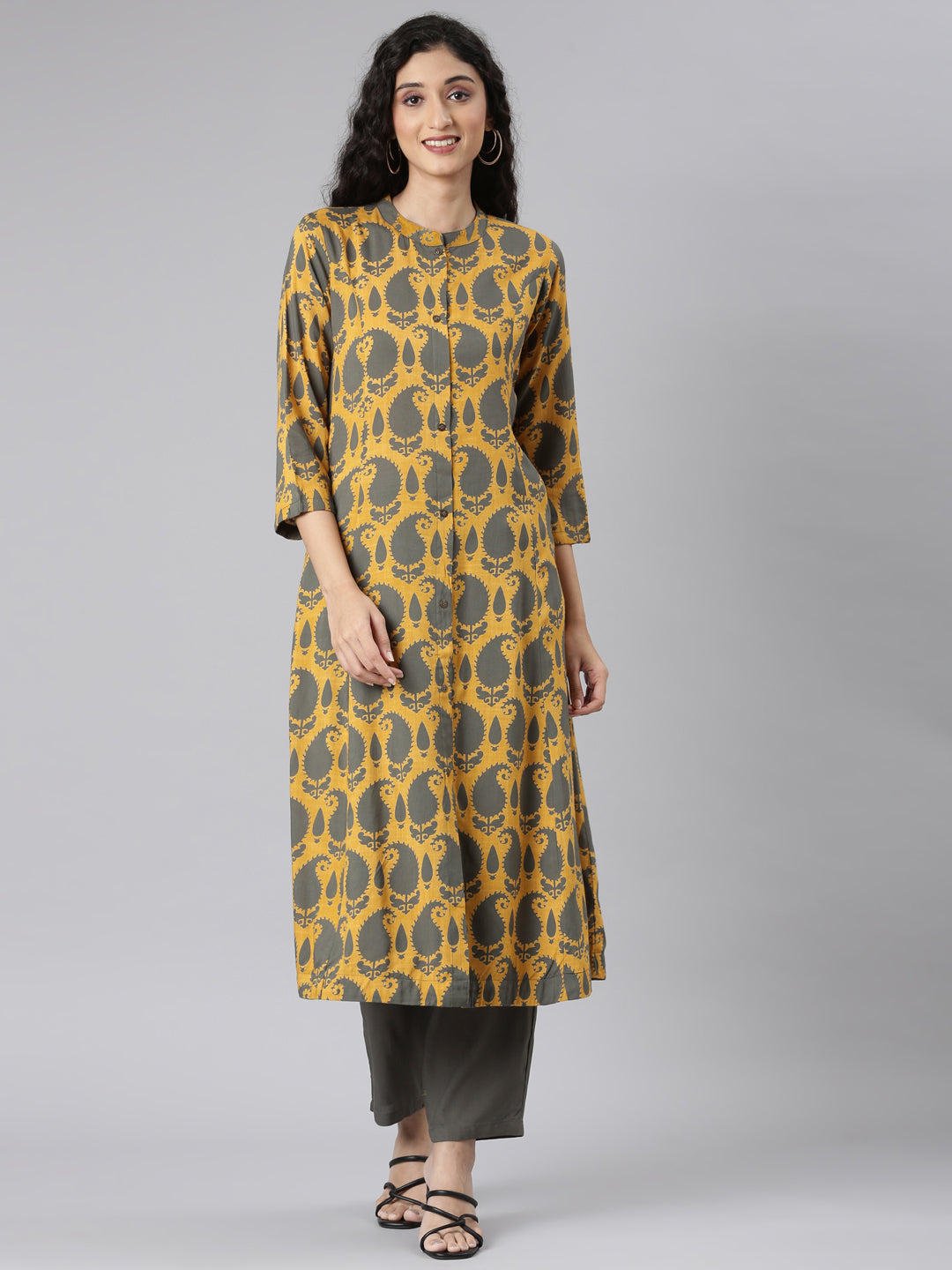 Neerus Mustard Straight Casual Paisley Kurta and Trouser