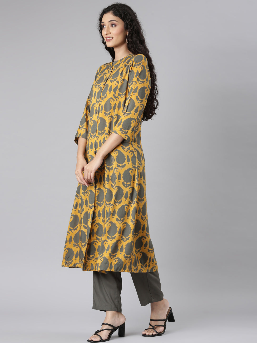 Neerus Mustard Straight Casual Paisley Kurta and Trouser