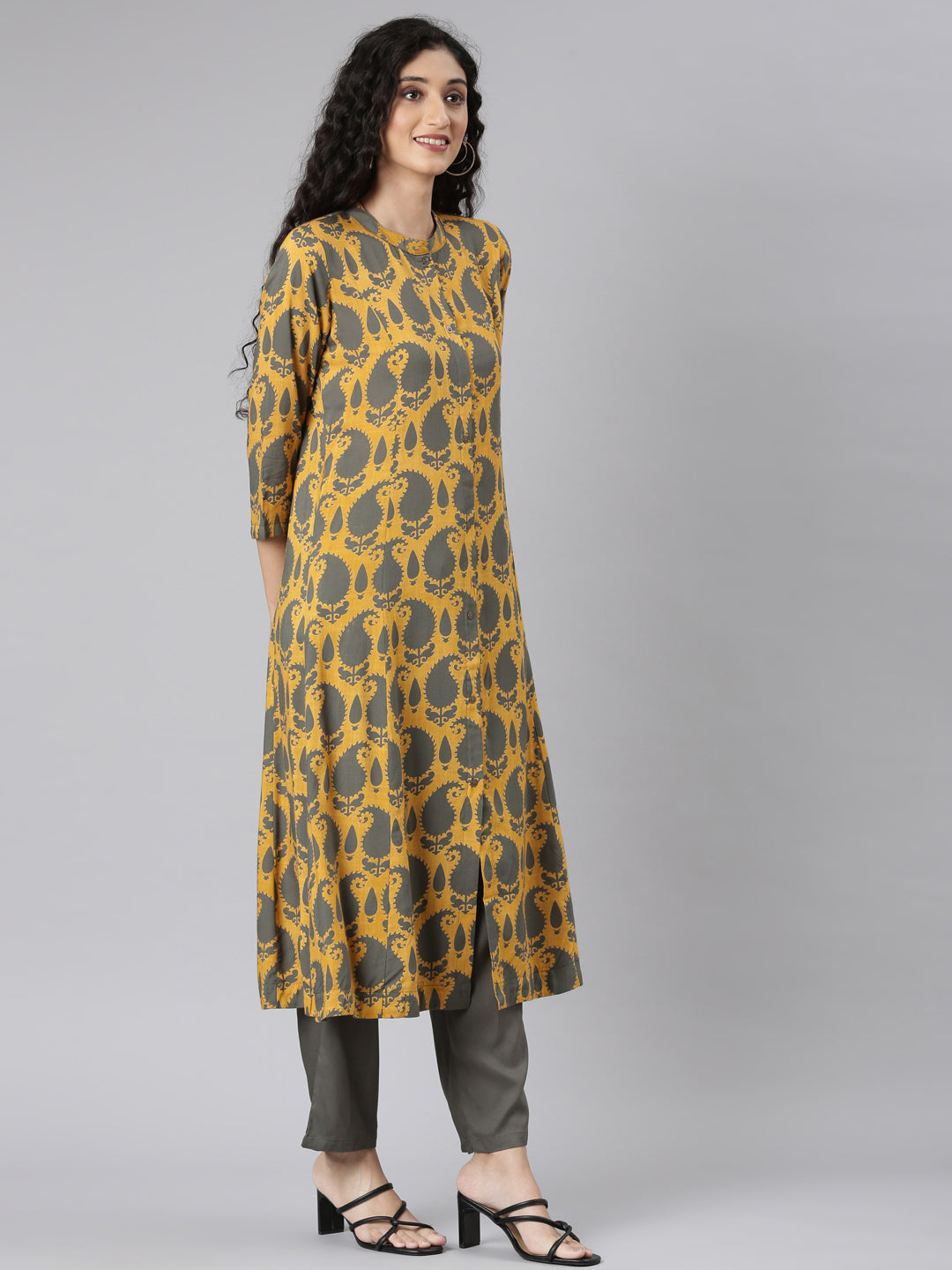 Neerus Mustard Straight Casual Paisley Kurta and Trouser