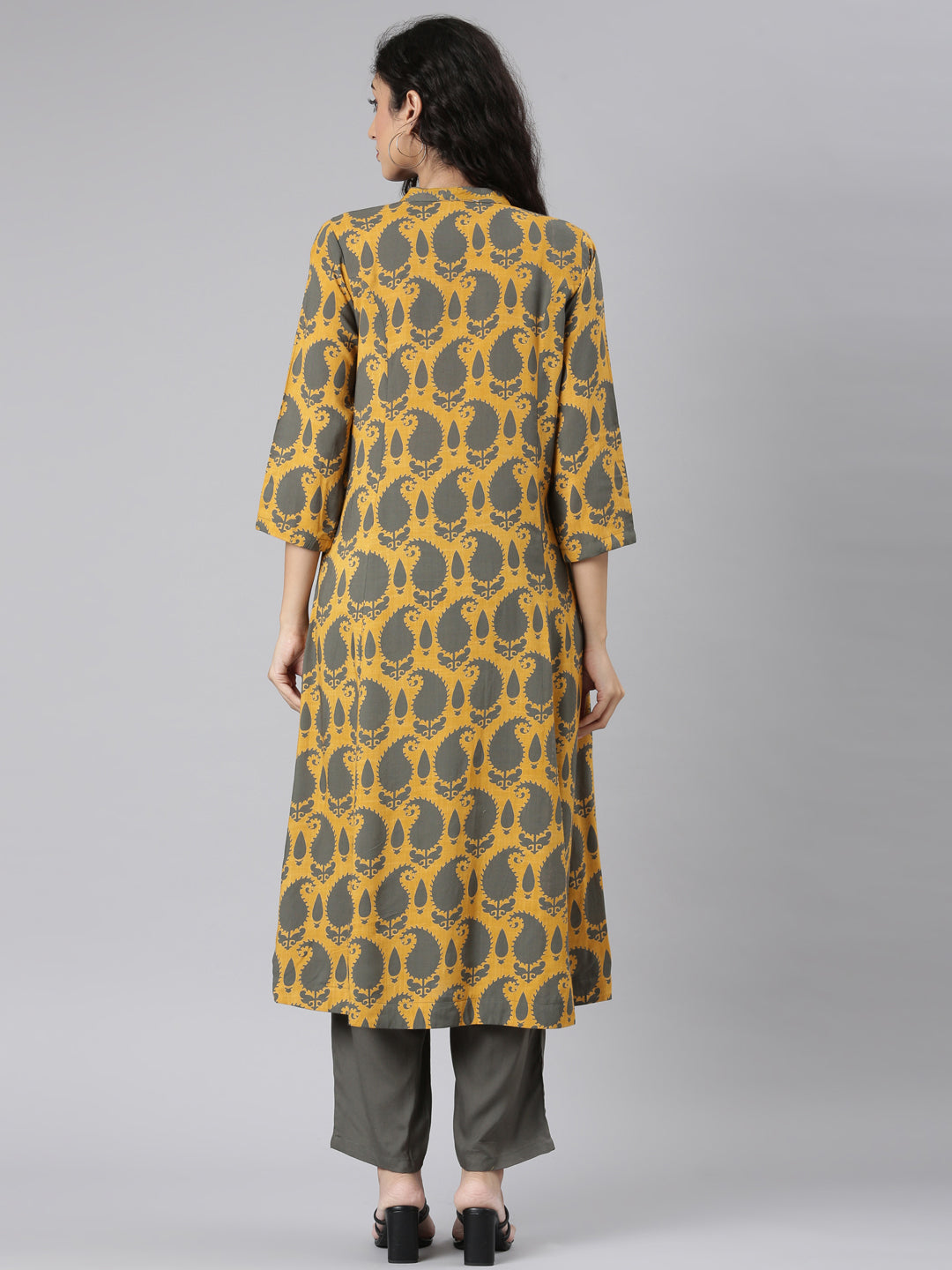 Neerus Mustard Straight Casual Paisley Kurta and Trouser