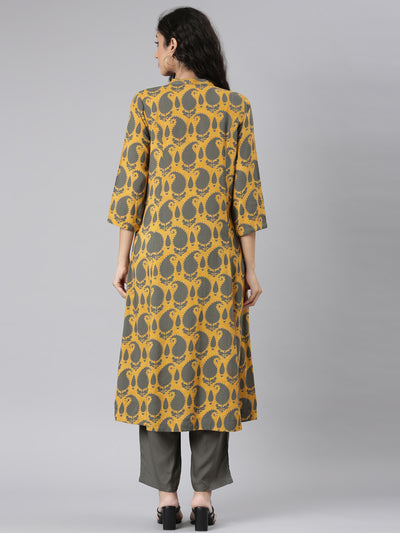 Neerus Mustard Straight Casual Paisley Kurta and Trouser