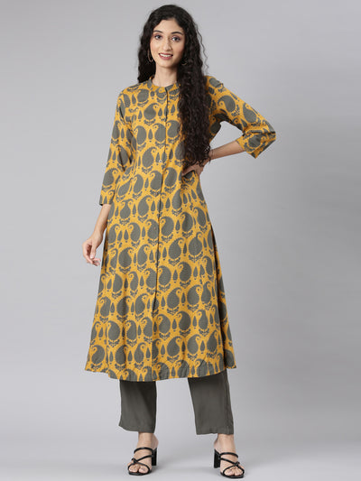 Neerus Mustard Straight Casual Paisley Kurta and Trouser