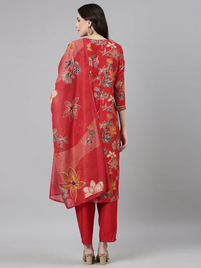 Neerus Red Casual Floral Straight Kurta and Trousers With Dupatta