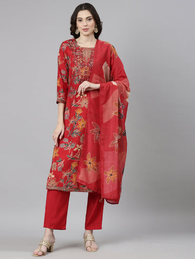 Neerus Red Casual Floral Straight Kurta and Trousers With Dupatta