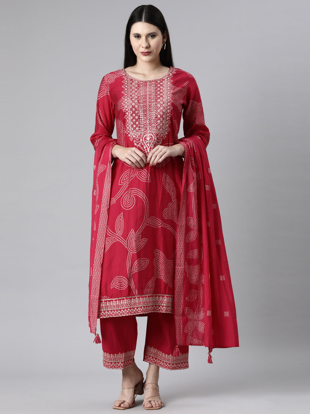 Neerus Pink Casual Bandhani Straight Kurta and Trousers With Dupatta