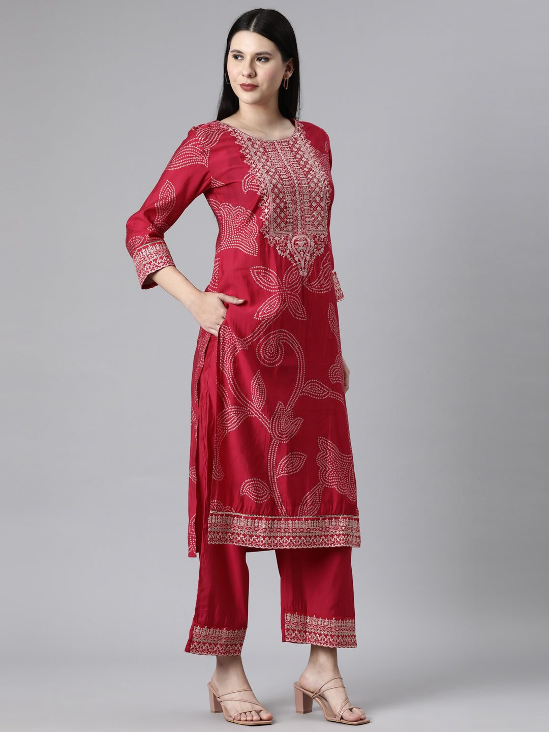 Neerus Pink Casual Bandhani Straight Kurta and Trousers With Dupatta