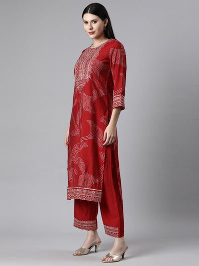 Neerus Red Casual Bandhani Straight Kurta and Trousers With Dupatta