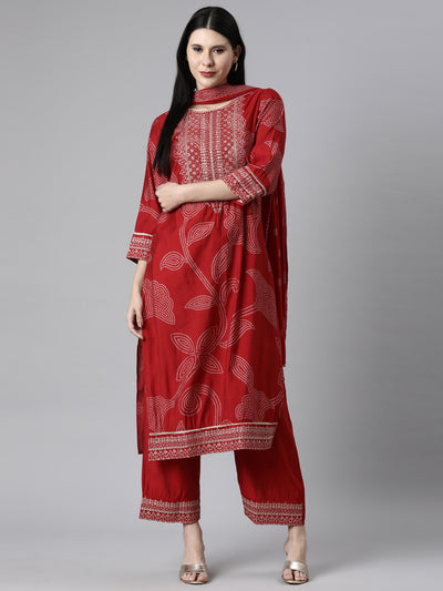 Neerus Red Casual Bandhani Straight Kurta and Trousers With Dupatta