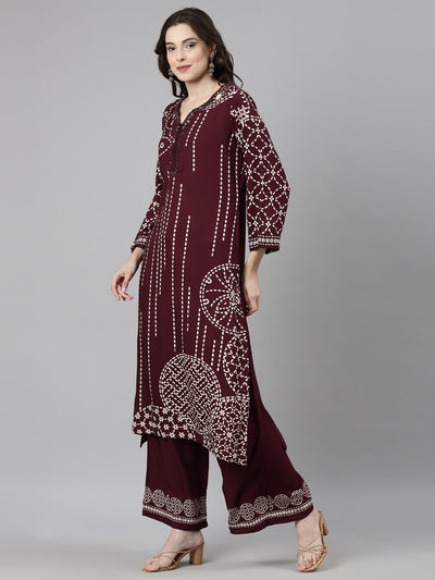 Neerus Maroon Casual Tribal Straight Kurta and Palazzos