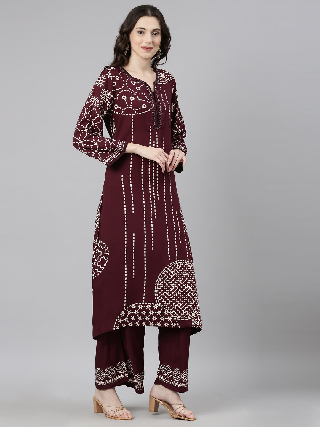 Neerus Maroon Casual Tribal Straight Kurta and Palazzos