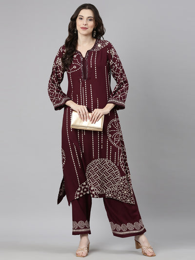 Neerus Maroon Casual Tribal Straight Kurta and Palazzos