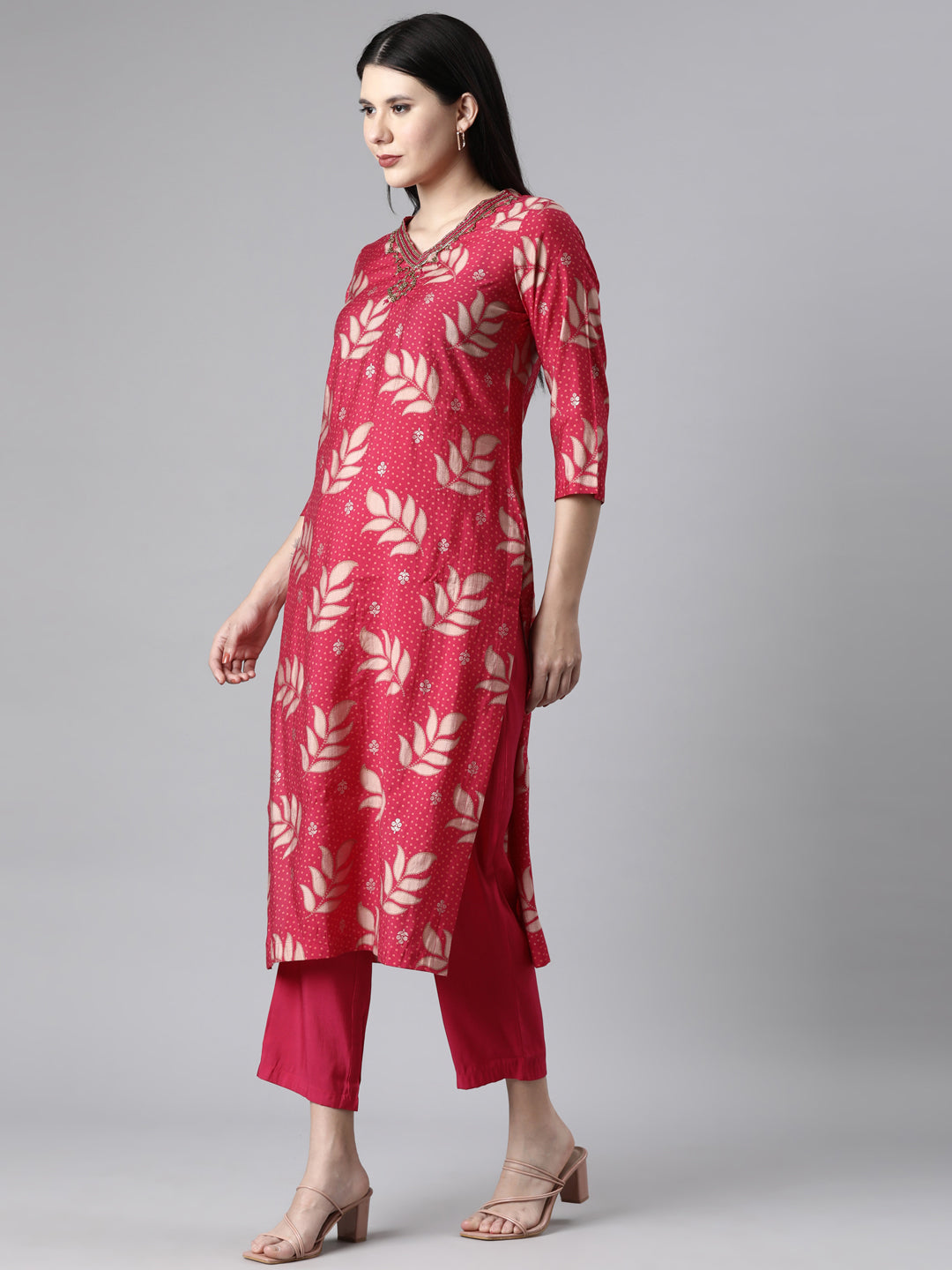 Neerus Pink Casual Ethnic Motifs Straight Kurta and Trousers With Dupatta