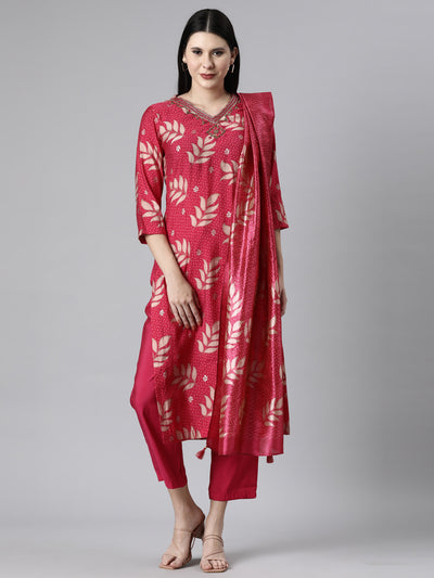 Neerus Pink Casual Ethnic Motifs Straight Kurta and Trousers With Dupatta