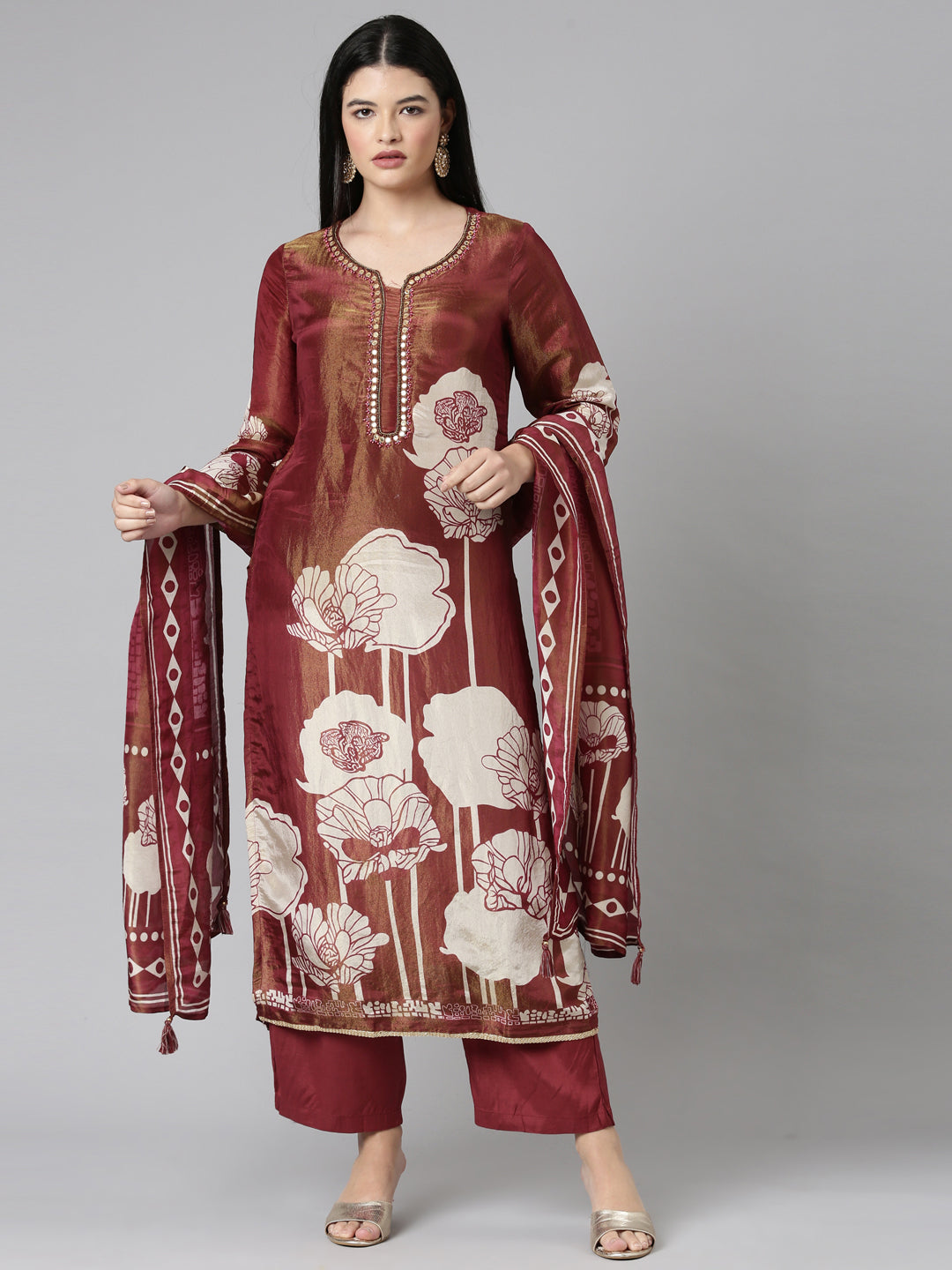 Neerus Orange Casual Floral Straight Kurta and Trousers With Dupatta