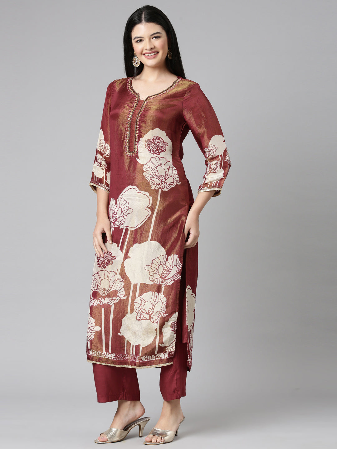 Neerus Orange Casual Floral Straight Kurta and Trousers With Dupatta