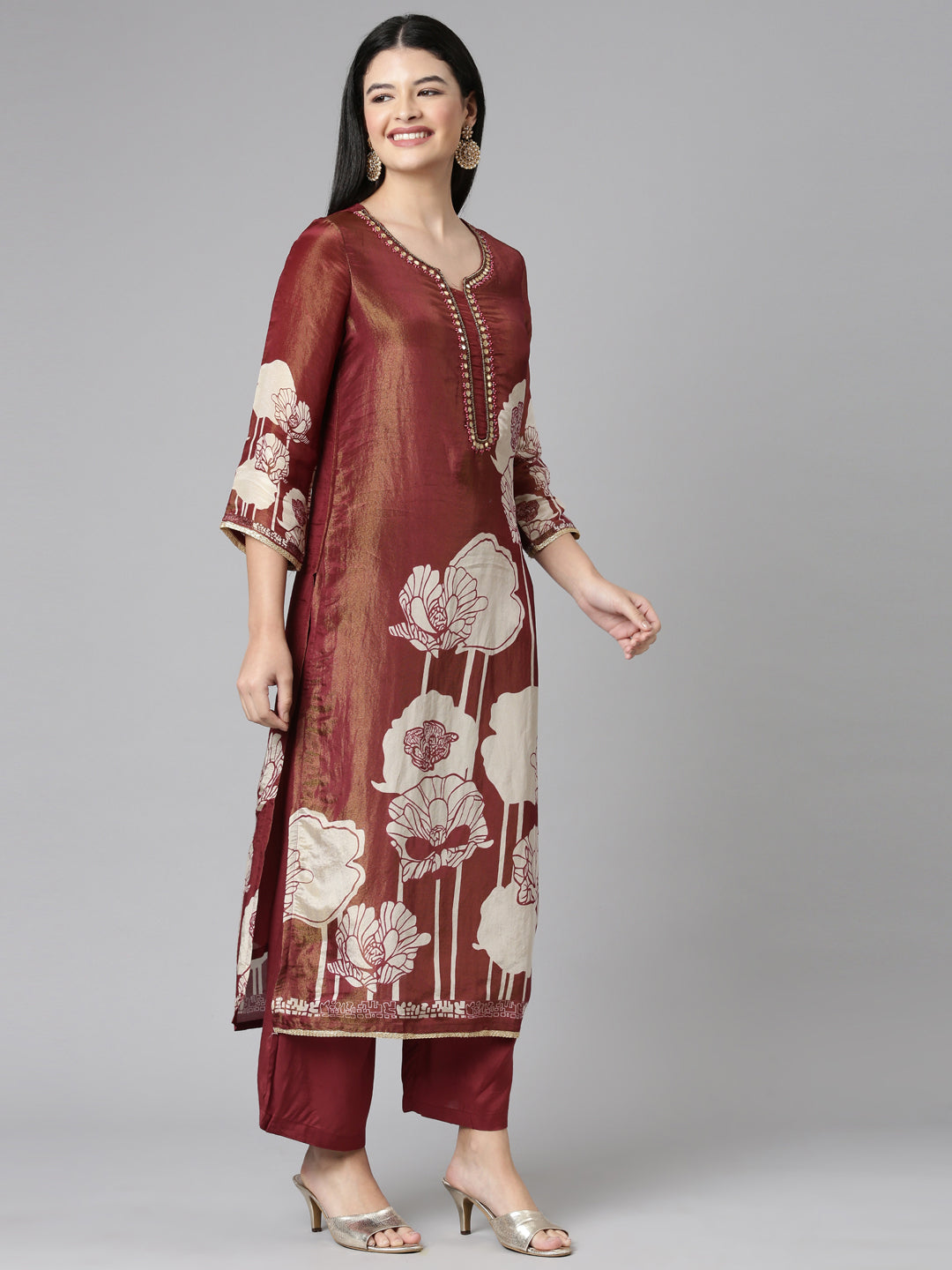 Neerus Orange Casual Floral Straight Kurta and Trousers With Dupatta