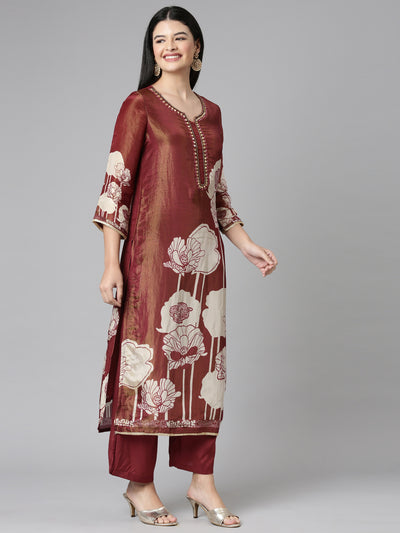 Neerus Orange Casual Floral Straight Kurta and Trousers With Dupatta