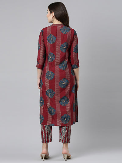 Neeru's Maroon Regular Straight Printed Kurta And Trousers