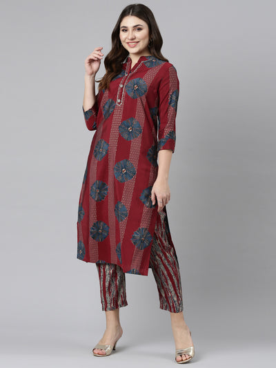 Neeru's Maroon Regular Straight Printed Kurta And Trousers