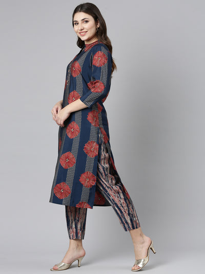 Neeru's Navy Blue Regular Straight Printed Kurta And Trousers