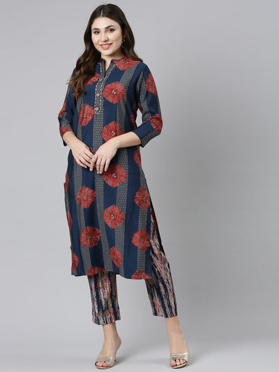 Neeru's Navy Blue Regular Straight Printed Kurta And Trousers