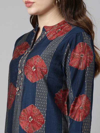 Neeru's Navy Blue Regular Straight Printed Kurta And Trousers