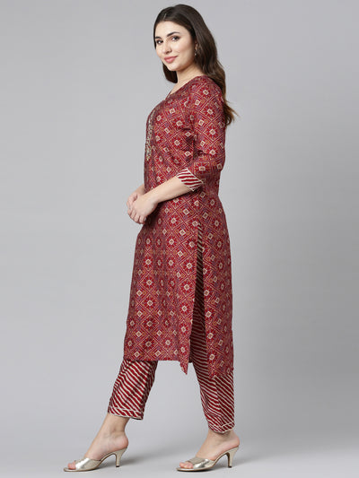 Neeru's Maroon Regular Straight Printed Kurta And Trousers