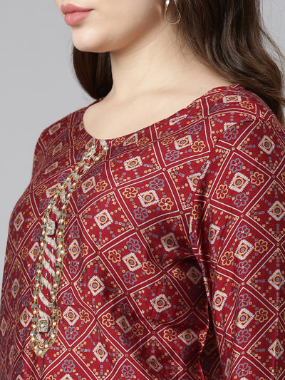 Neeru's Maroon Regular Straight Printed Kurta And Trousers