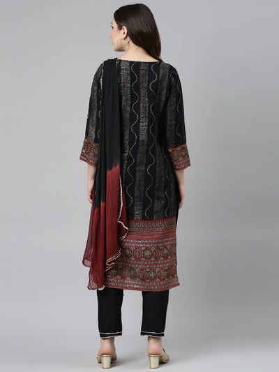 Neeru's Black Regular Straight Printed Readymade Suits