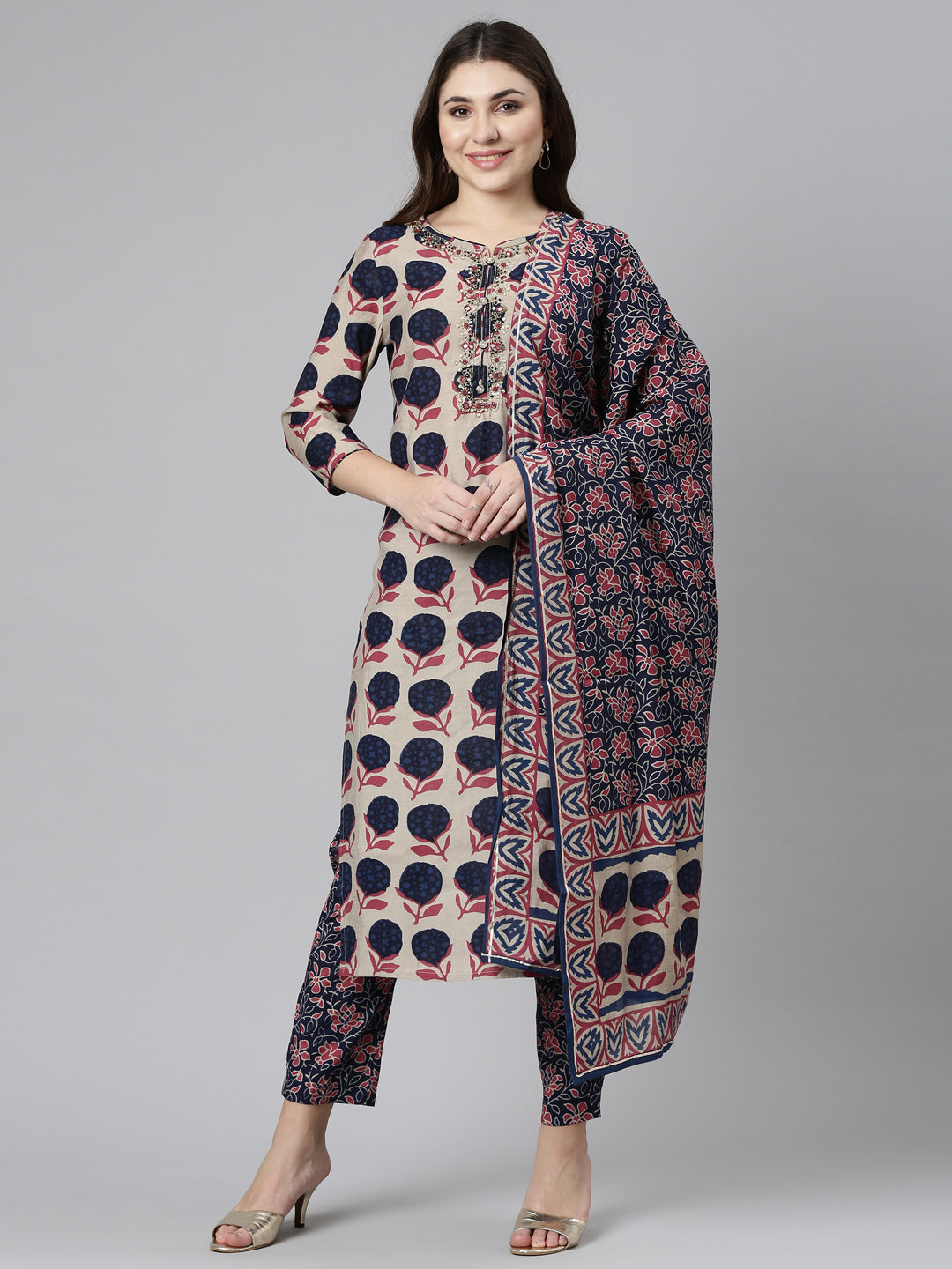 Neeru's Cream Regular Straight Printed Readymade suits