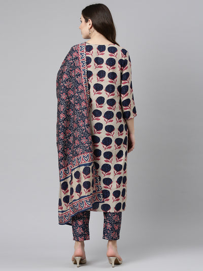 Neeru's Cream Regular Straight Printed Readymade suits