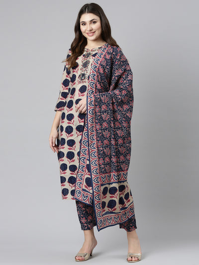 Neeru's Cream Regular Straight Printed Readymade suits