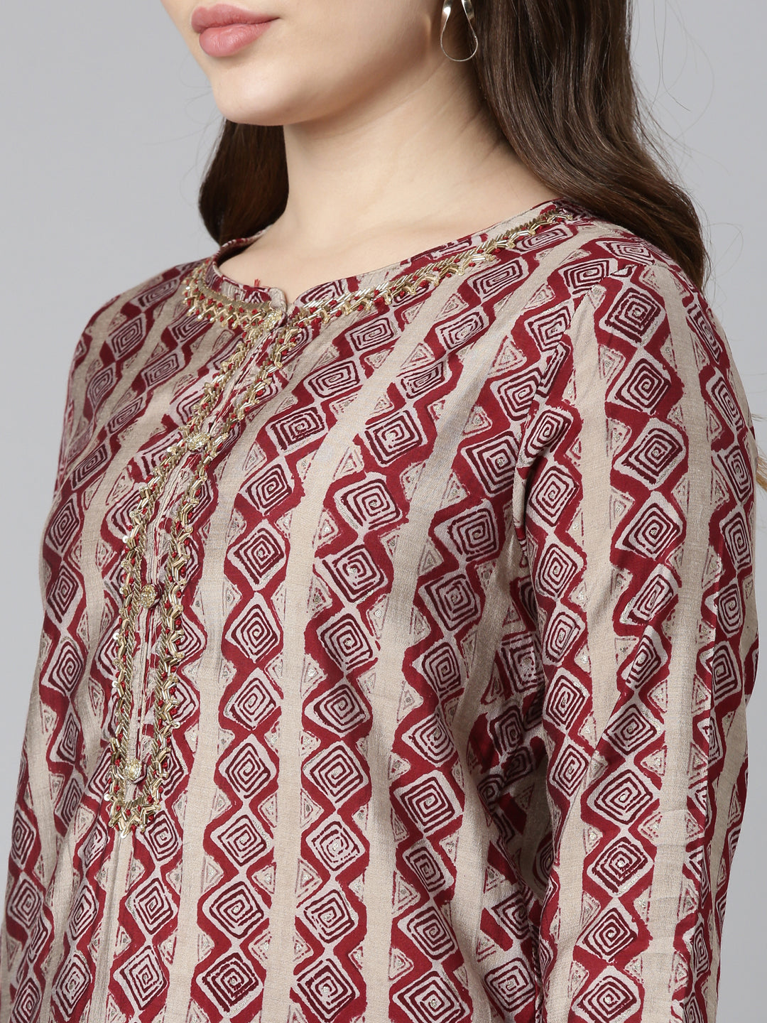 Neeru's Maroon Regular Straight Printed Readymade suits