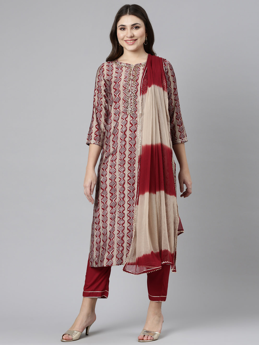 Neeru's Maroon Regular Straight Printed Readymade suits