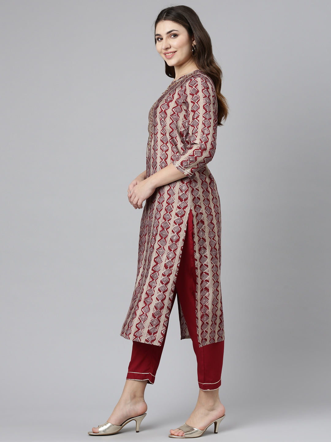 Neeru's Maroon Regular Straight Printed Readymade suits